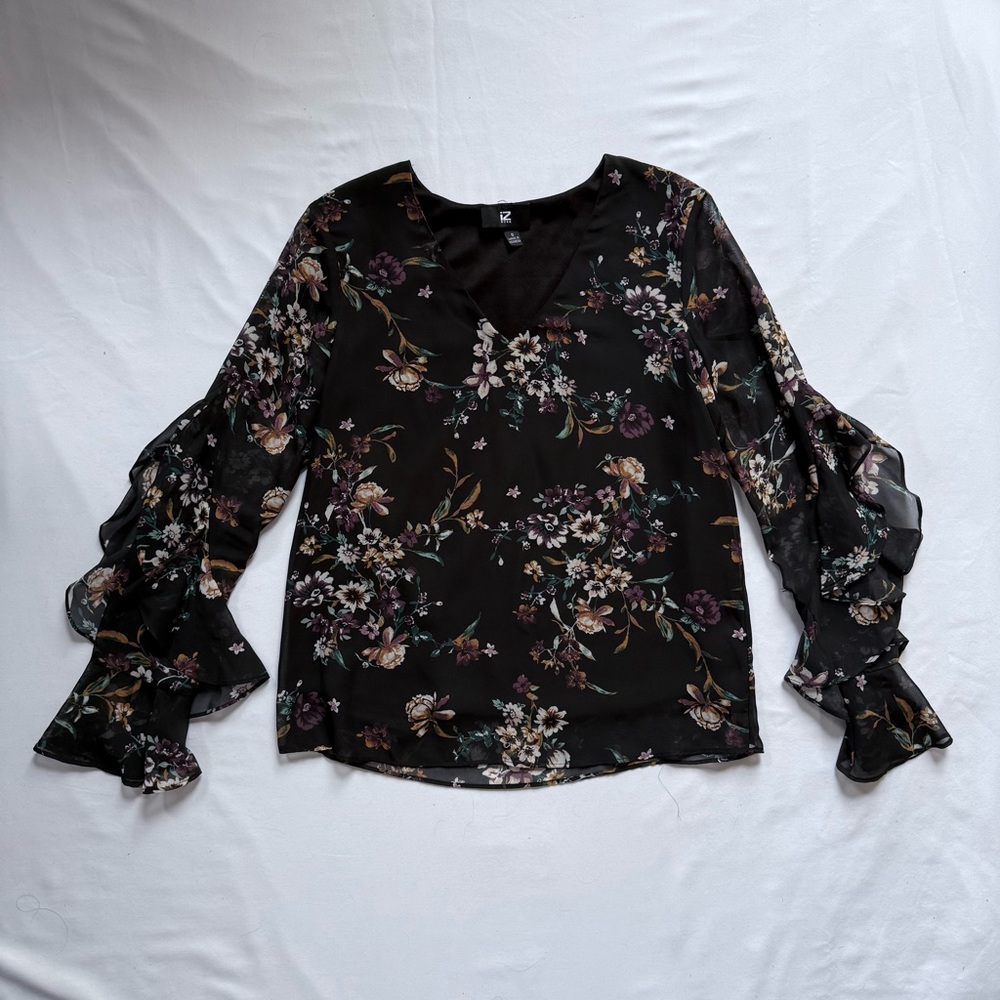 Floral Black Blouse with Ruffled Sleeves